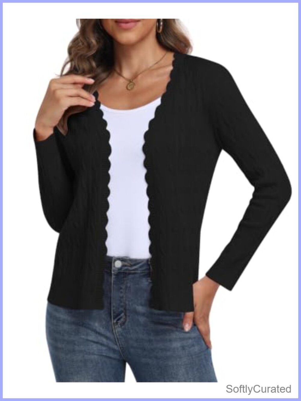 Scalloped Open Front Cable Knit Cardigan Lightweight Slim Fit Sweater